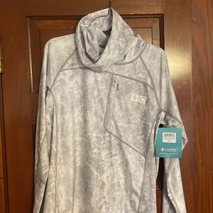 Coolibar sun protection fishing shirt with back gaitor.